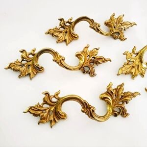 Antique Brass door pulls dresser handles detailed leaf design Four vintage